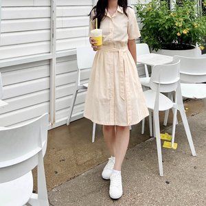 Pomelo Yellow Textured Pinstriped Tie Waist Shirt Mini Dress